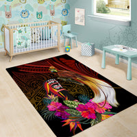Papua New Guinea Bird-of-Paradise Area Rug Hibiscus and Kundu Drum Tribal Pattern