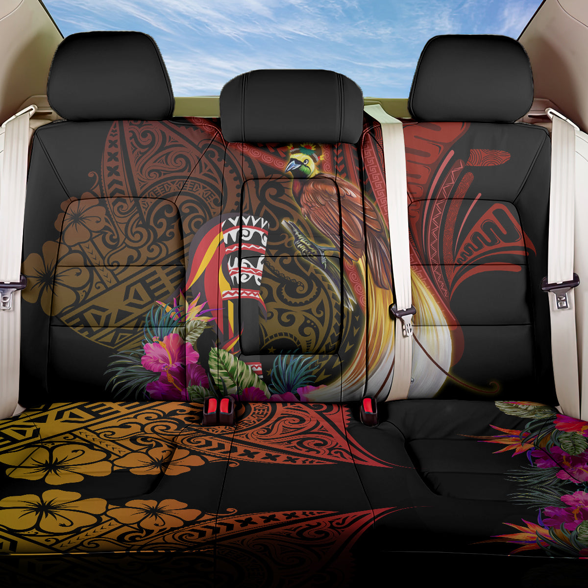 Papua New Guinea Bird-of-Paradise Back Car Seat Cover Hibiscus and Kundu Drum Tribal Pattern LT03 One Size Yellow - Polynesian Pride