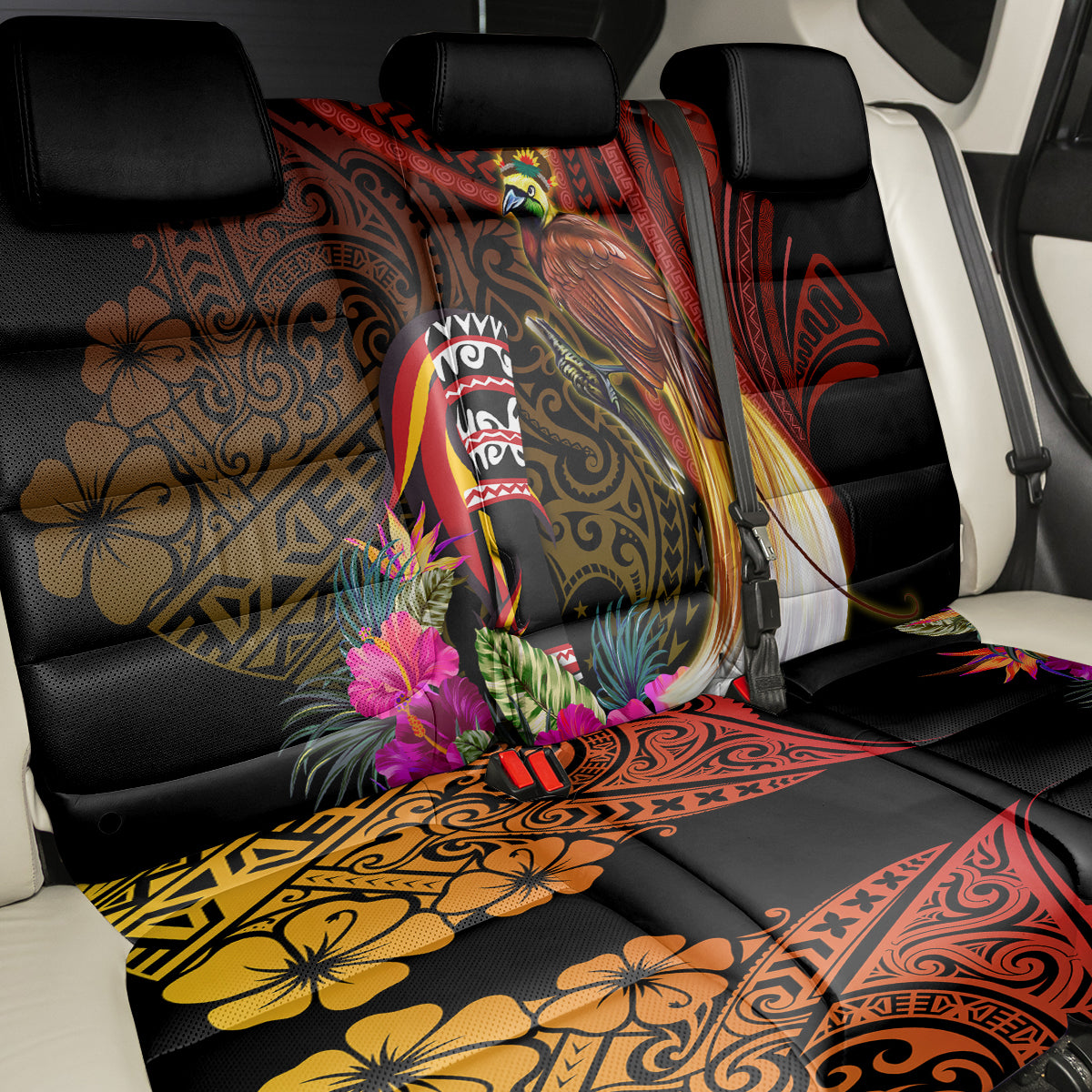 Papua New Guinea Bird-of-Paradise Back Car Seat Cover Hibiscus and Kundu Drum Tribal Pattern LT03 - Polynesian Pride