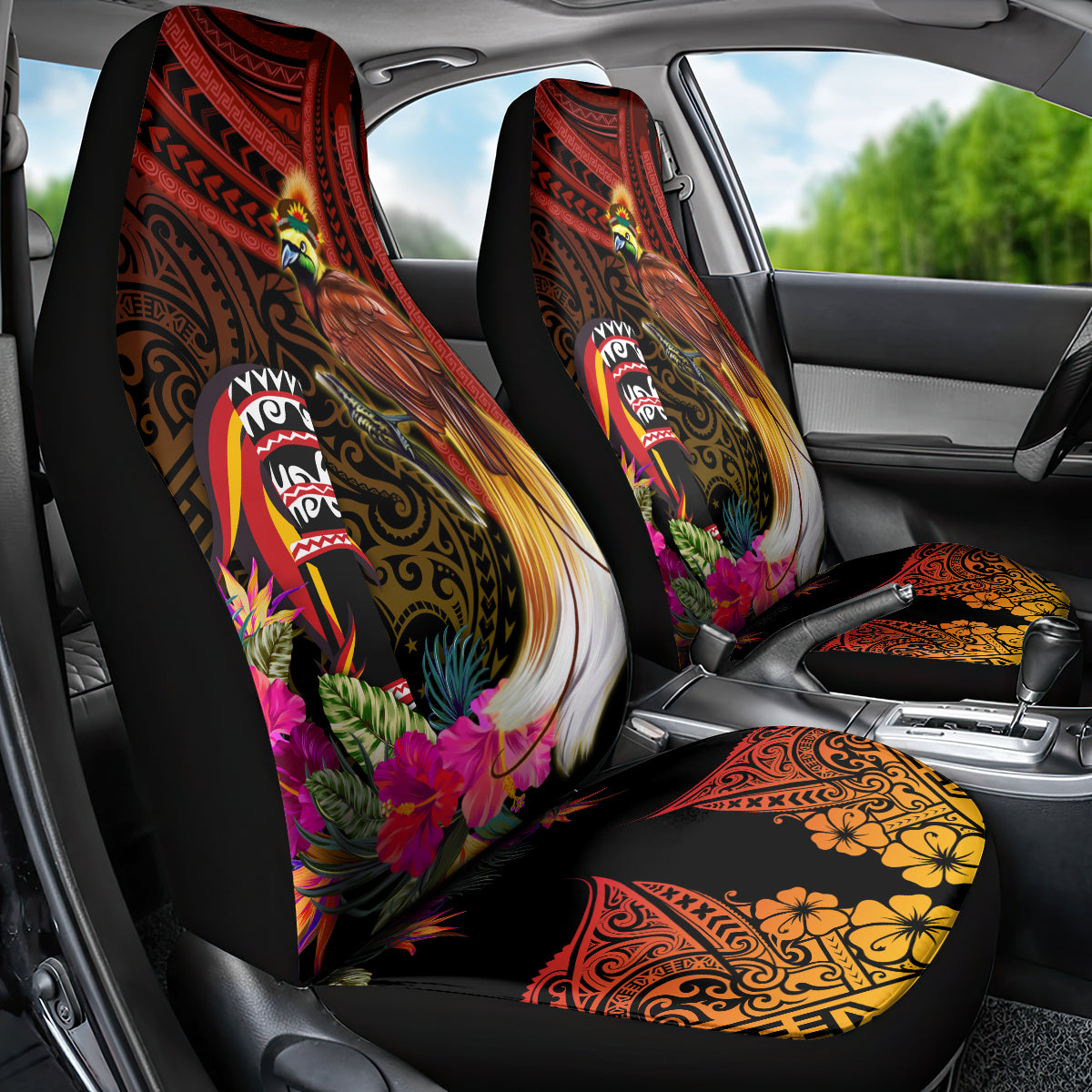 Papua New Guinea Bird-of-Paradise Car Seat Cover Hibiscus and Kundu Drum Tribal Pattern LT03 - Polynesian Pride