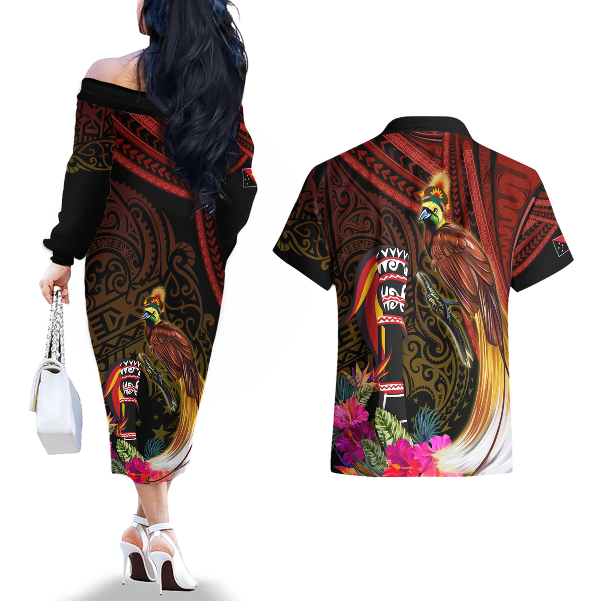 Papua New Guinea Bird-of-Paradise Couples Matching Off The Shoulder Long Sleeve Dress and Hawaiian Shirt Hibiscus and Kundu Drum Tribal Pattern LT03 - Polynesian Pride