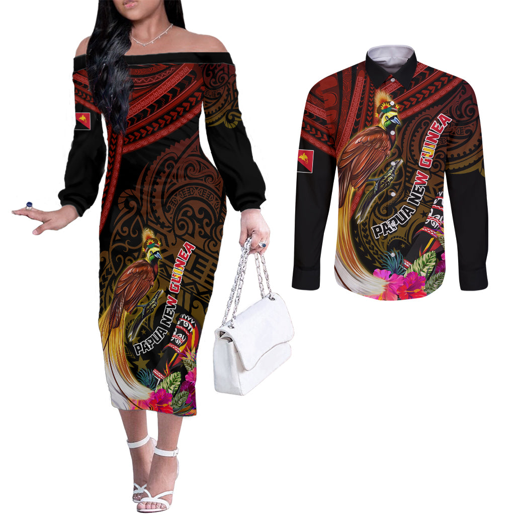 Papua New Guinea Bird-of-Paradise Couples Matching Off The Shoulder Long Sleeve Dress and Long Sleeve Button Shirt Hibiscus and Kundu Drum Tribal Pattern LT03 Yellow - Polynesian Pride
