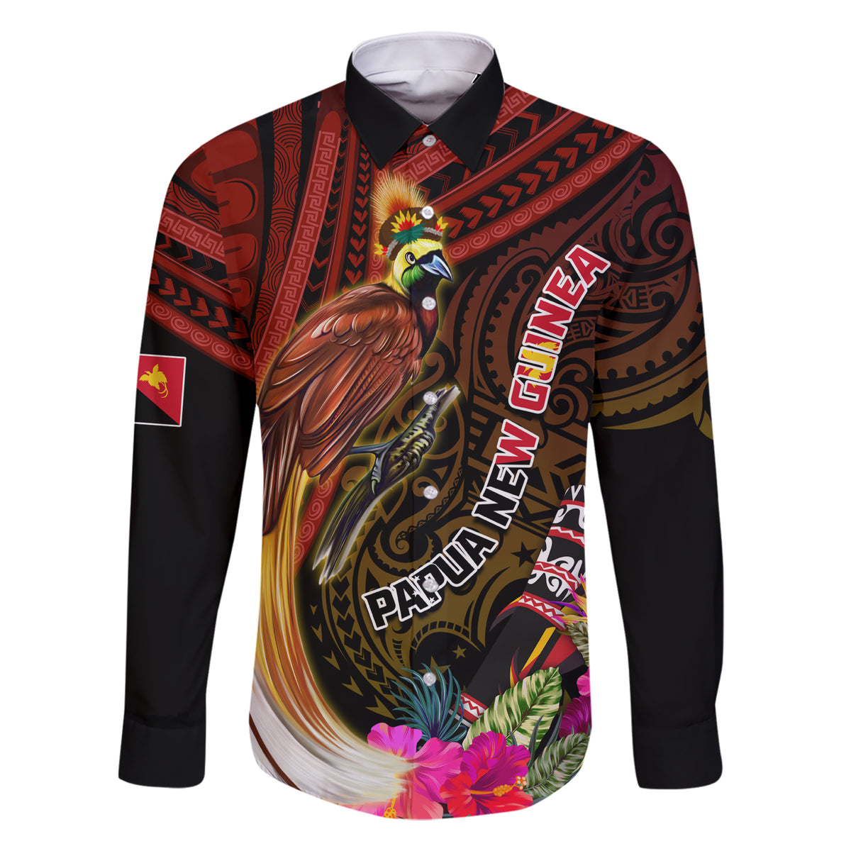 Papua New Guinea Bird-of-Paradise Family Matching Short Sleeve Bodycon Dress and Hawaiian Shirt Hibiscus and Kundu Drum Tribal Pattern LT03 Dad's Shirt - Long Sleeve Yellow - Polynesian Pride