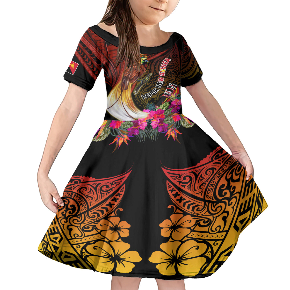 Papua New Guinea Bird-of-Paradise Family Matching Summer Maxi Dress and Hawaiian Shirt Hibiscus and Kundu Drum Tribal Pattern LT03 Daughter's Dress Yellow - Polynesian Pride