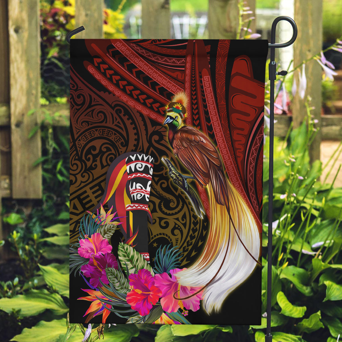 Papua New Guinea Bird-of-Paradise Garden Flag Hibiscus and Kundu Drum Tribal Pattern LT03 Garden Flag Yellow - Polynesian Pride