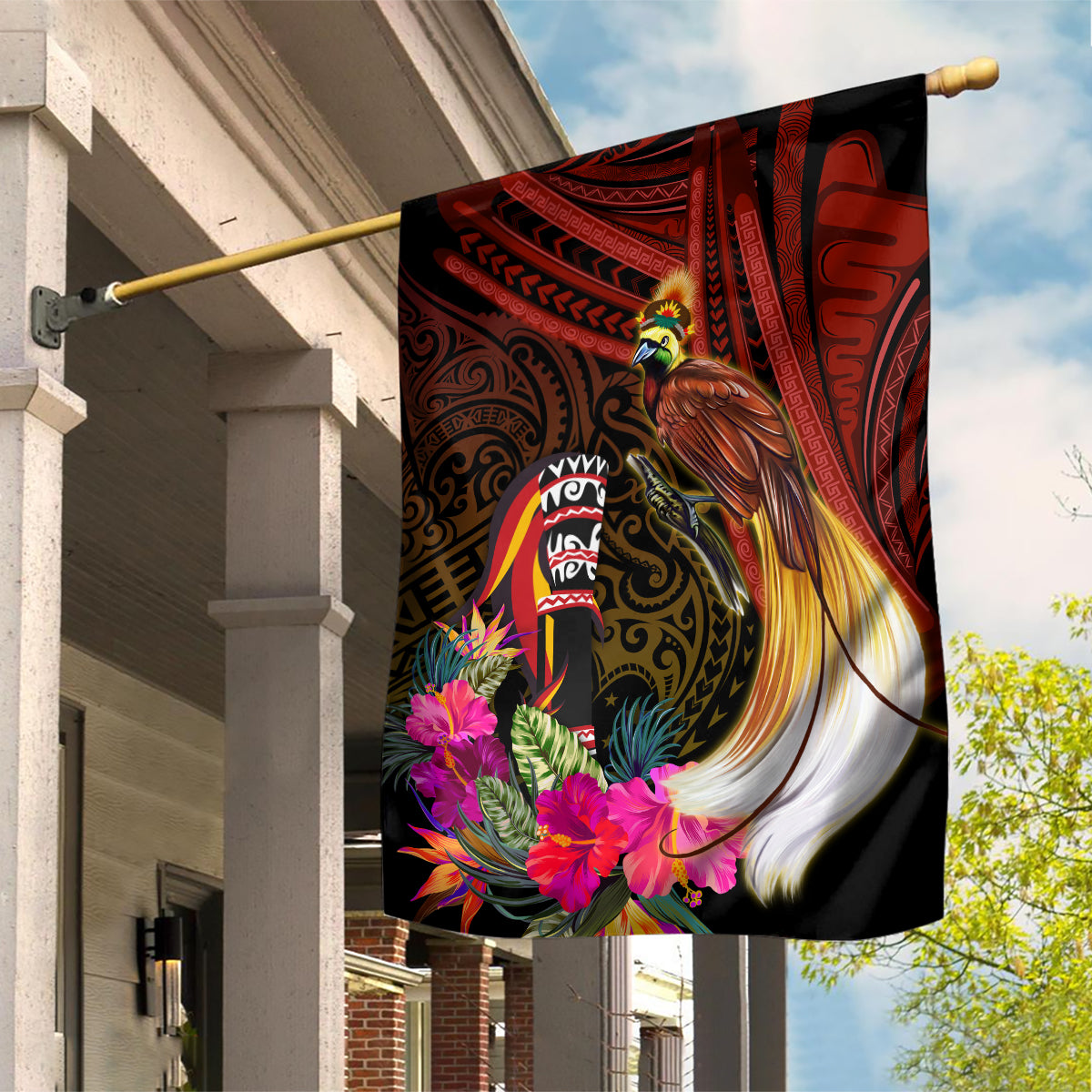 Papua New Guinea Bird-of-Paradise Garden Flag Hibiscus and Kundu Drum Tribal Pattern LT03 House Flag Yellow - Polynesian Pride