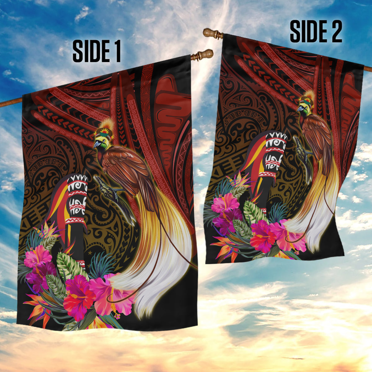 Papua New Guinea Bird-of-Paradise Garden Flag Hibiscus and Kundu Drum Tribal Pattern LT03 - Polynesian Pride