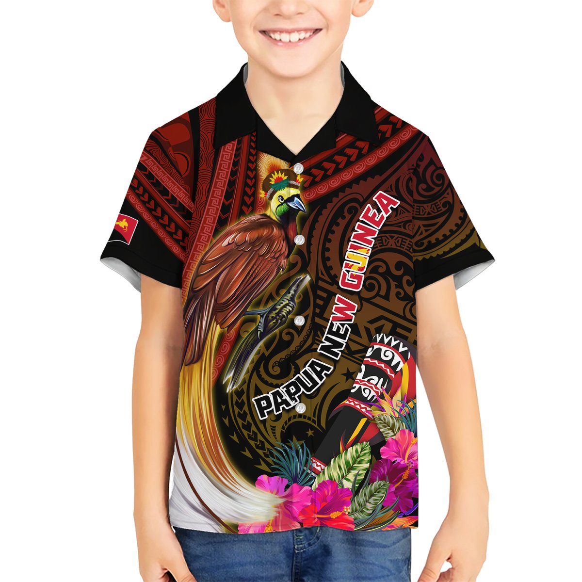 Papua New Guinea Bird-of-Paradise Hawaiian Shirt Hibiscus and Kundu Drum Tribal Pattern LT03 - Polynesian Pride