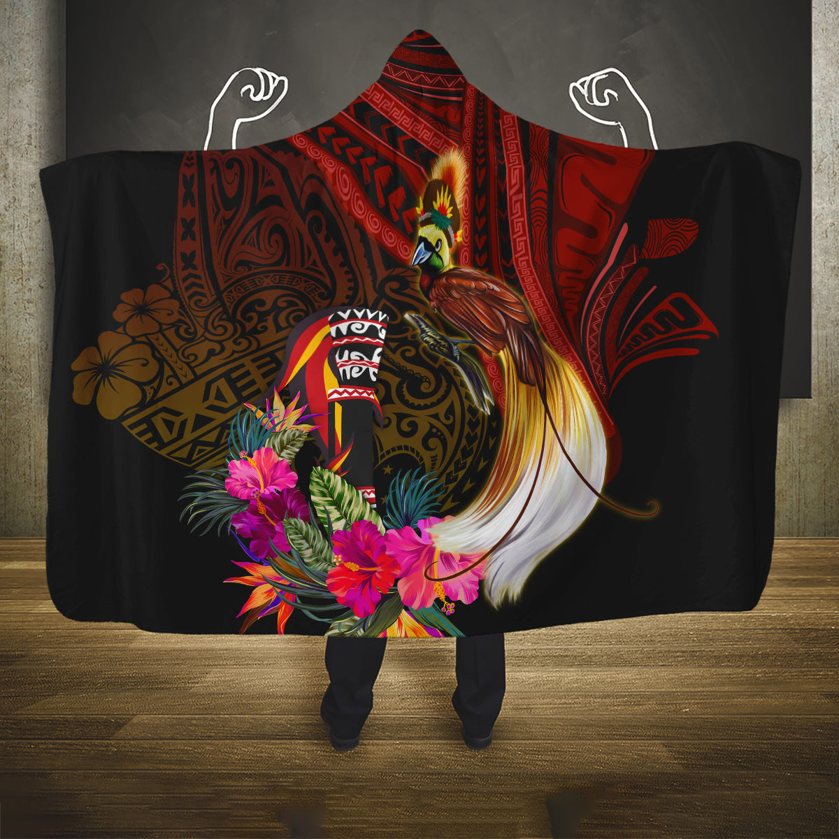 Papua New Guinea Bird-of-Paradise Hooded Blanket Hibiscus and Kundu Drum Tribal Pattern LT03 One Size Yellow - Polynesian Pride