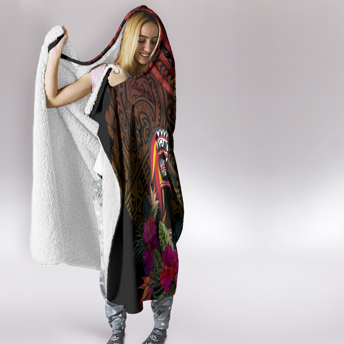 Papua New Guinea Bird-of-Paradise Hooded Blanket Hibiscus and Kundu Drum Tribal Pattern LT03 - Polynesian Pride