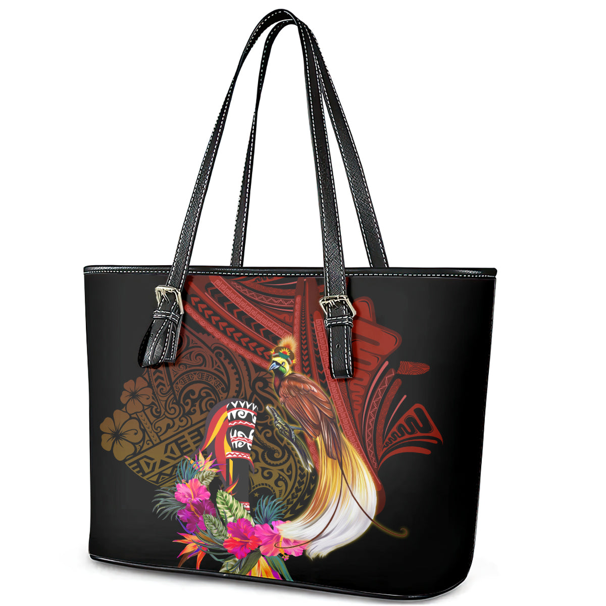 Papua New Guinea Bird-of-Paradise Leather Tote Bag Hibiscus and Kundu Drum Tribal Pattern LT03 - Polynesian Pride