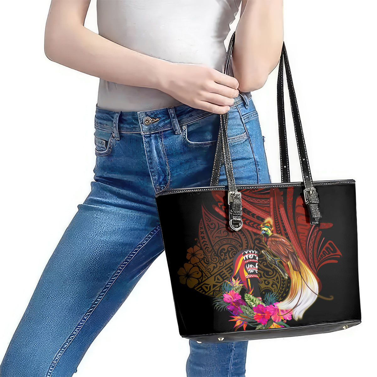 Papua New Guinea Bird-of-Paradise Leather Tote Bag Hibiscus and Kundu Drum Tribal Pattern LT03 - Polynesian Pride