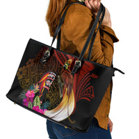 Papua New Guinea Bird-of-Paradise Leather Tote Bag Hibiscus and Kundu Drum Tribal Pattern LT03 - Polynesian Pride