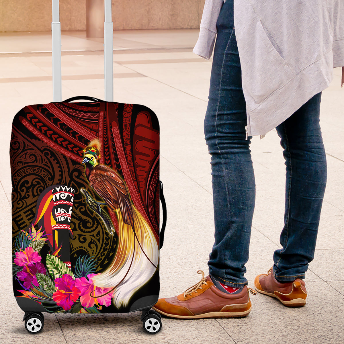 Papua New Guinea Bird-of-Paradise Luggage Cover Hibiscus and Kundu Drum Tribal Pattern LT03 Yellow - Polynesian Pride