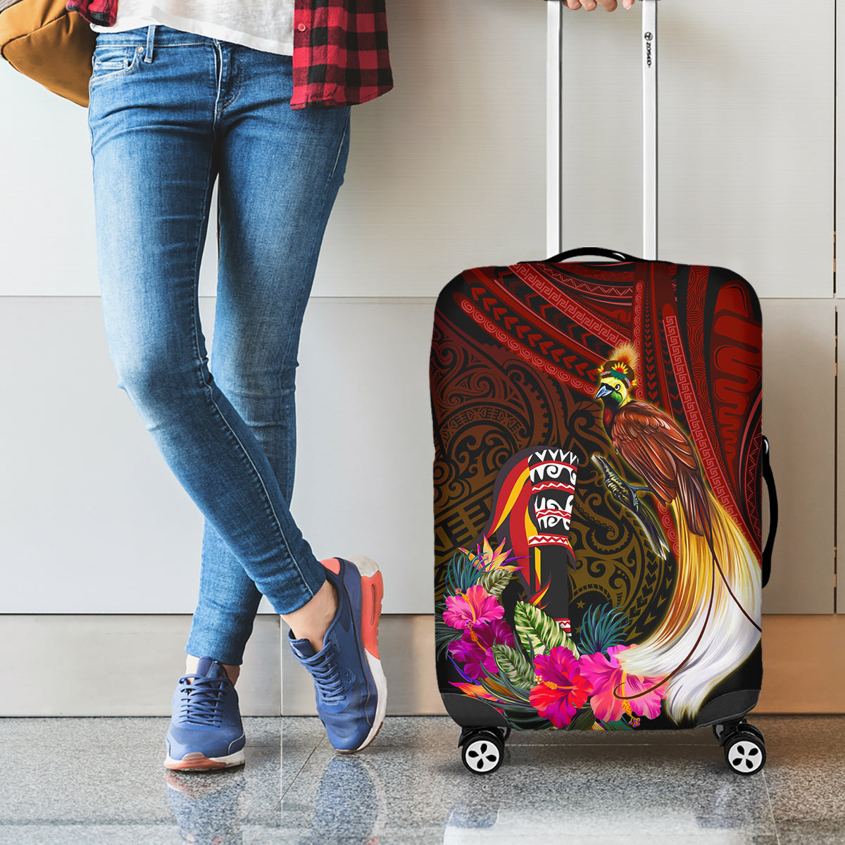Papua New Guinea Bird-of-Paradise Luggage Cover Hibiscus and Kundu Drum Tribal Pattern LT03 - Polynesian Pride