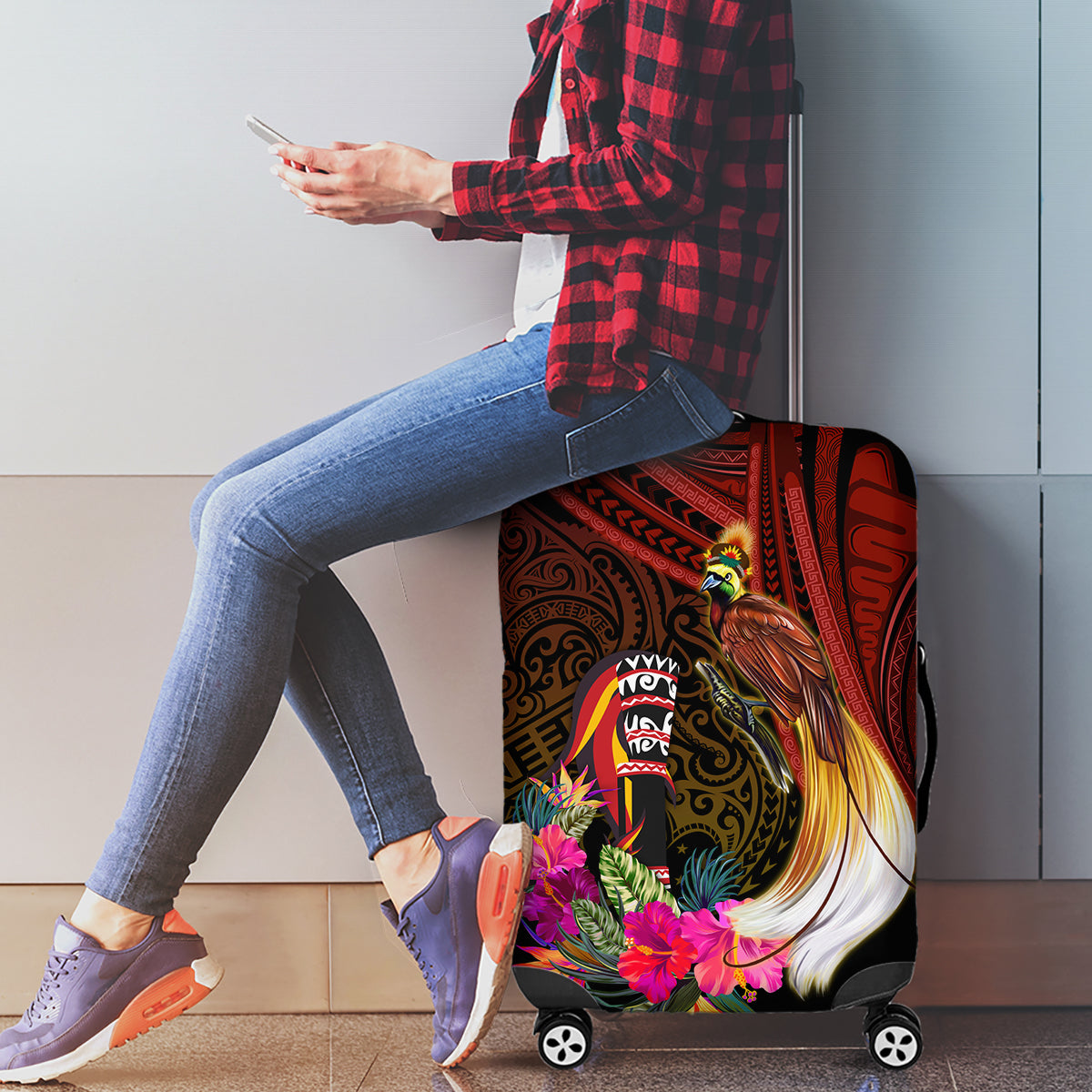 Papua New Guinea Bird-of-Paradise Luggage Cover Hibiscus and Kundu Drum Tribal Pattern LT03 - Polynesian Pride