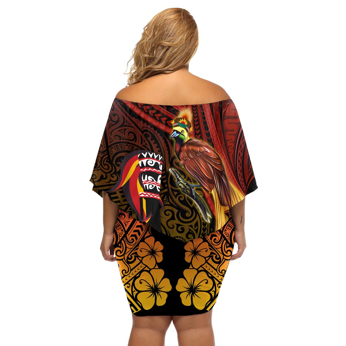 Papua New Guinea Bird-of-Paradise Off Shoulder Short Dress Hibiscus and Kundu Drum Tribal Pattern LT03 - Polynesian Pride