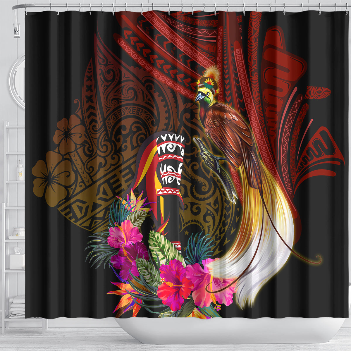 Papua New Guinea Bird-of-Paradise Shower Curtain Hibiscus and Kundu Drum Tribal Pattern LT03 - Polynesian Pride