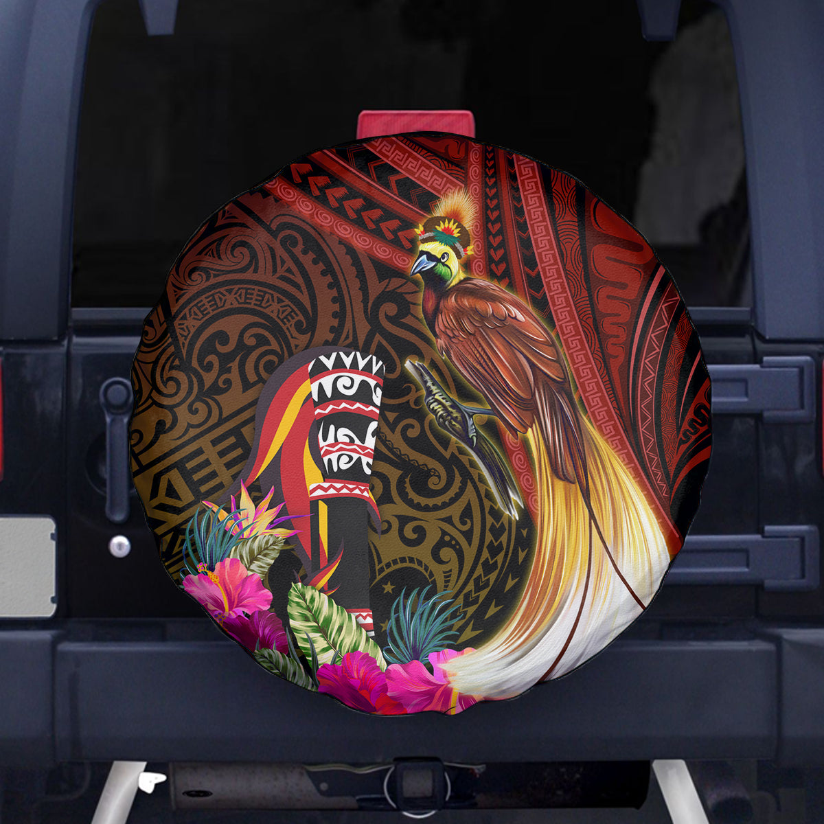 Papua New Guinea Bird-of-Paradise Spare Tire Cover Hibiscus and Kundu Drum Tribal Pattern LT03 - Polynesian Pride
