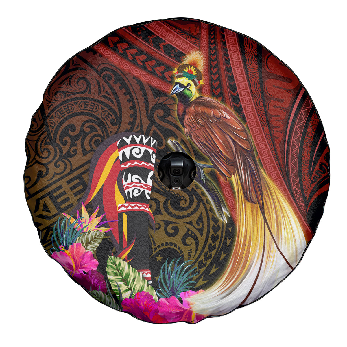 Papua New Guinea Bird-of-Paradise Spare Tire Cover Hibiscus and Kundu Drum Tribal Pattern LT03 - Polynesian Pride