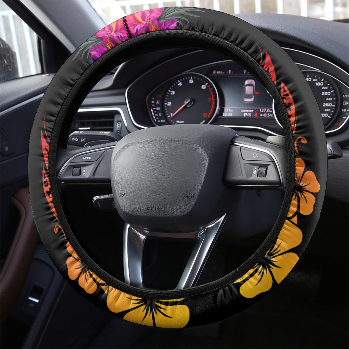 Papua New Guinea Bird-of-Paradise Steering Wheel Cover Hibiscus and Kundu Drum Tribal Pattern LT03 - Polynesian Pride
