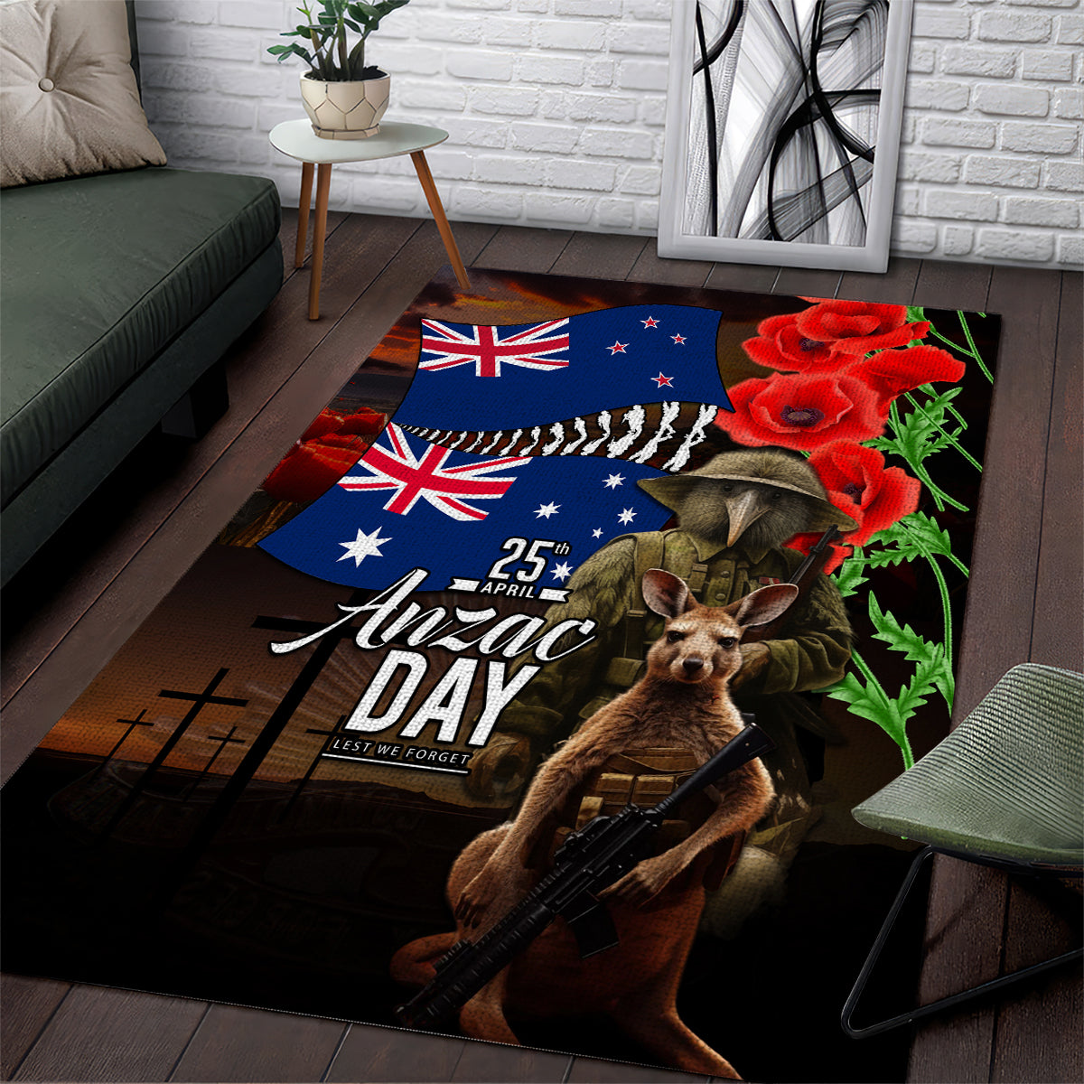 New Zealand and Australia ANZAC Day Area Rug National Flag mix Kiwi Bird and Kangaroo Soldier Style LT03 Black - Polynesian Pride