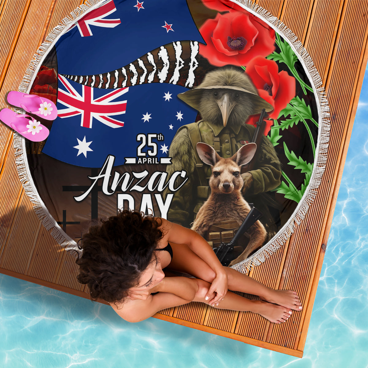 New Zealand and Australia ANZAC Day Beach Blanket National Flag mix Kiwi Bird and Kangaroo Soldier Style LT03 - Polynesian Pride