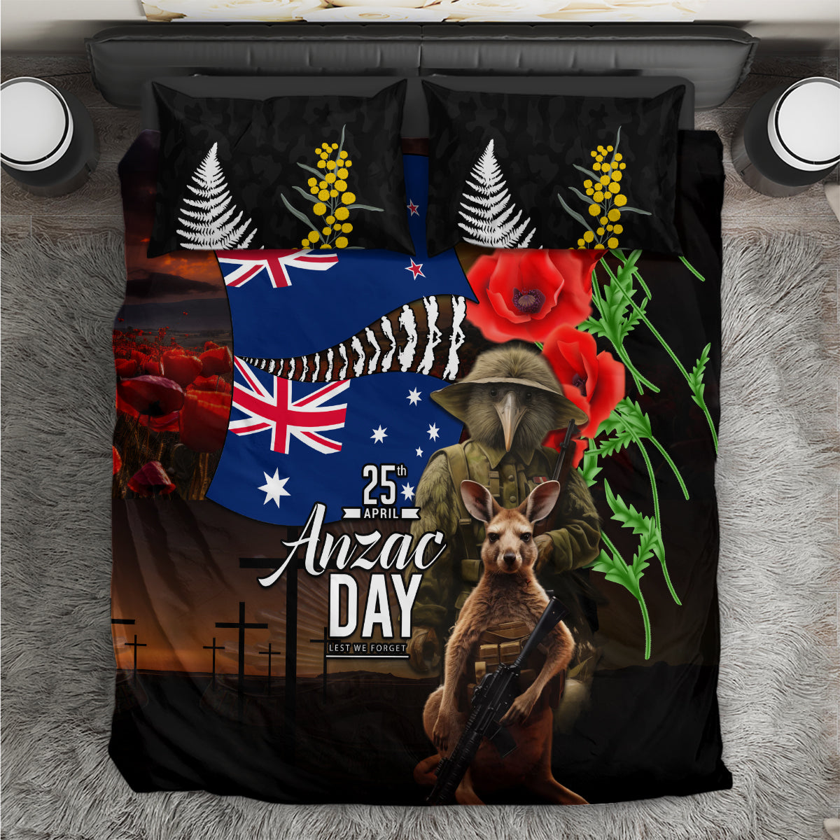 New Zealand and Australia ANZAC Day Bedding Set National Flag mix Kiwi Bird and Kangaroo Soldier Style LT03 Black - Polynesian Pride