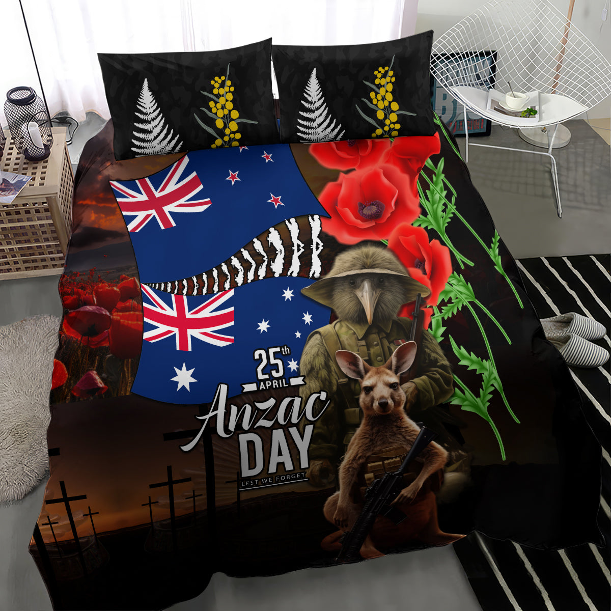 New Zealand and Australia ANZAC Day Bedding Set National Flag mix Kiwi Bird and Kangaroo Soldier Style LT03 - Polynesian Pride