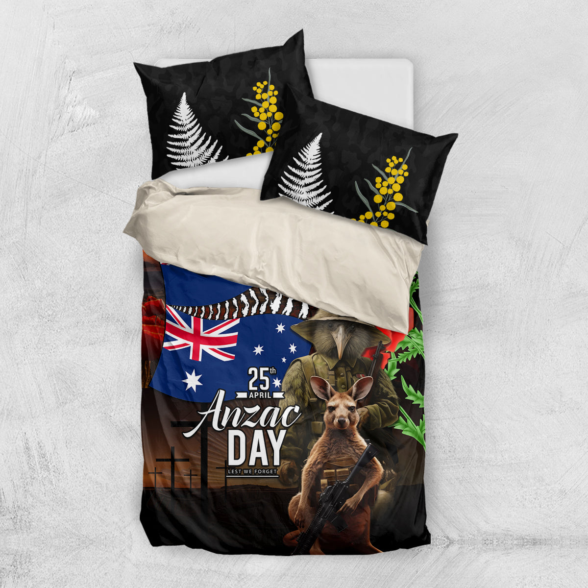 New Zealand and Australia ANZAC Day Bedding Set National Flag mix Kiwi Bird and Kangaroo Soldier Style LT03 US Twin 172cm x 218cm Black - Polynesian Pride