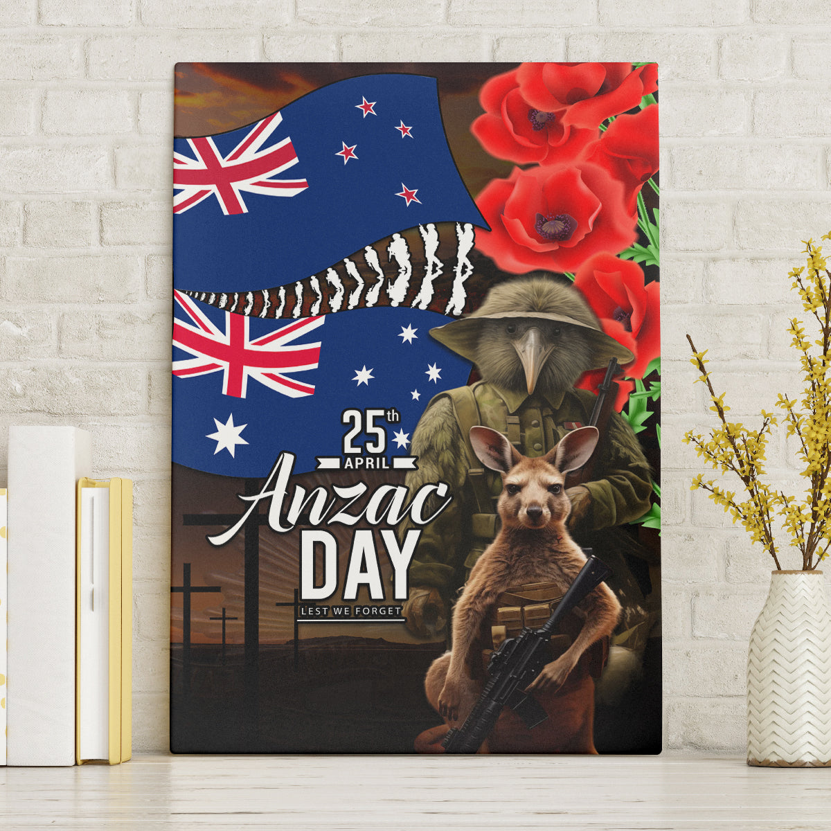 New Zealand and Australia ANZAC Day Canvas Wall Art National Flag mix Kiwi Bird and Kangaroo Soldier Style LT03 Without Frame Black - Polynesian Pride