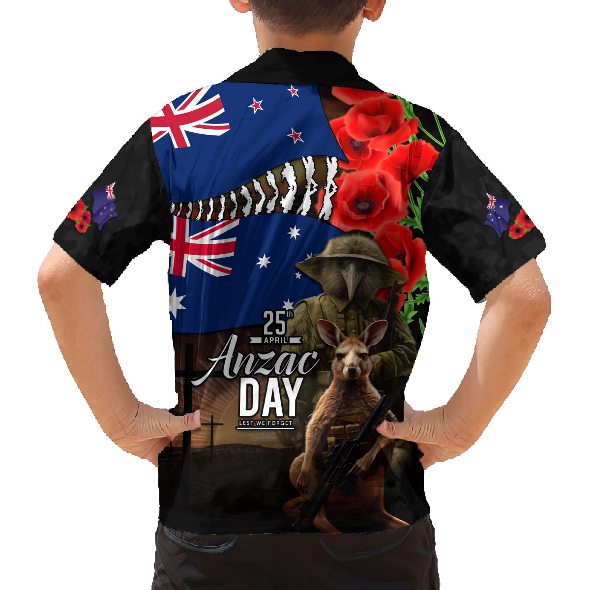 New Zealand and Australia ANZAC Day Family Matching Long Sleeve Bodycon Dress and Hawaiian Shirt National Flag mix Kiwi Bird and Kangaroo Soldier Style LT03 - Polynesian Pride