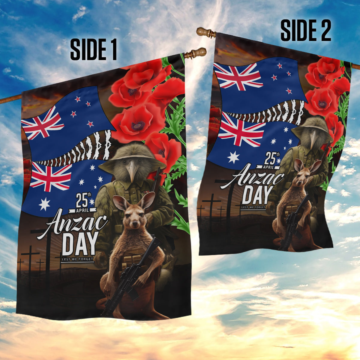 New Zealand and Australia ANZAC Day Garden Flag National Flag mix Kiwi Bird and Kangaroo Soldier Style LT03 - Polynesian Pride