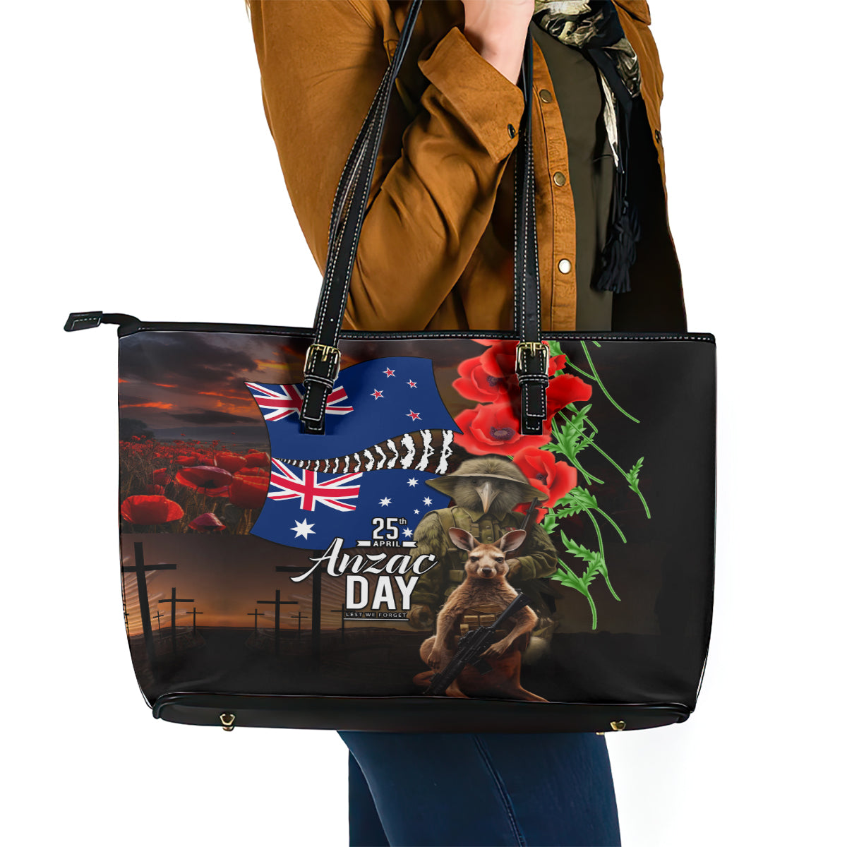 New Zealand and Australia ANZAC Day Leather Tote Bag National Flag mix Kiwi Bird and Kangaroo Soldier Style LT03 - Polynesian Pride