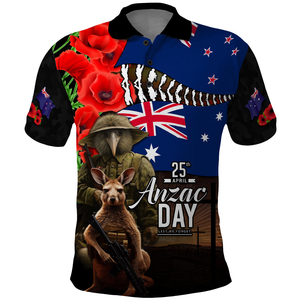 New Zealand and Australia ANZAC Day Polo Shirt - National Flag Mix Kiwi Bird and Kangaroo Soldier LT03 Black - Polynesian Pride