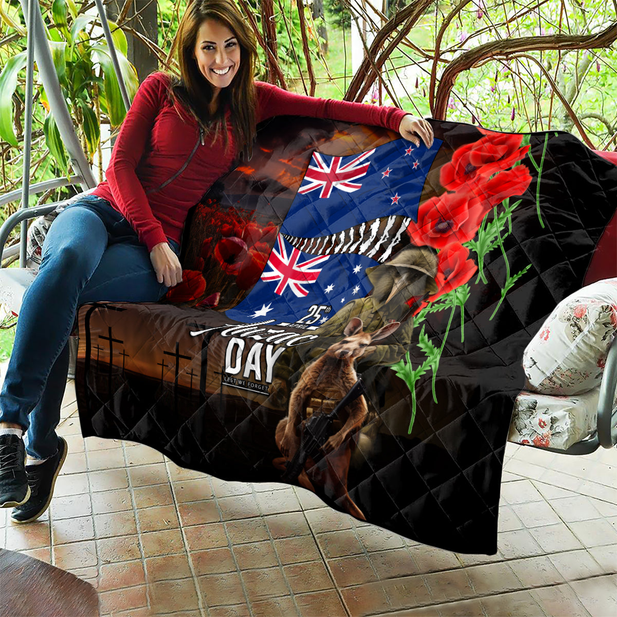New Zealand and Australia ANZAC Day Quilt National Flag mix Kiwi Bird and Kangaroo Soldier Style LT03 - Polynesian Pride