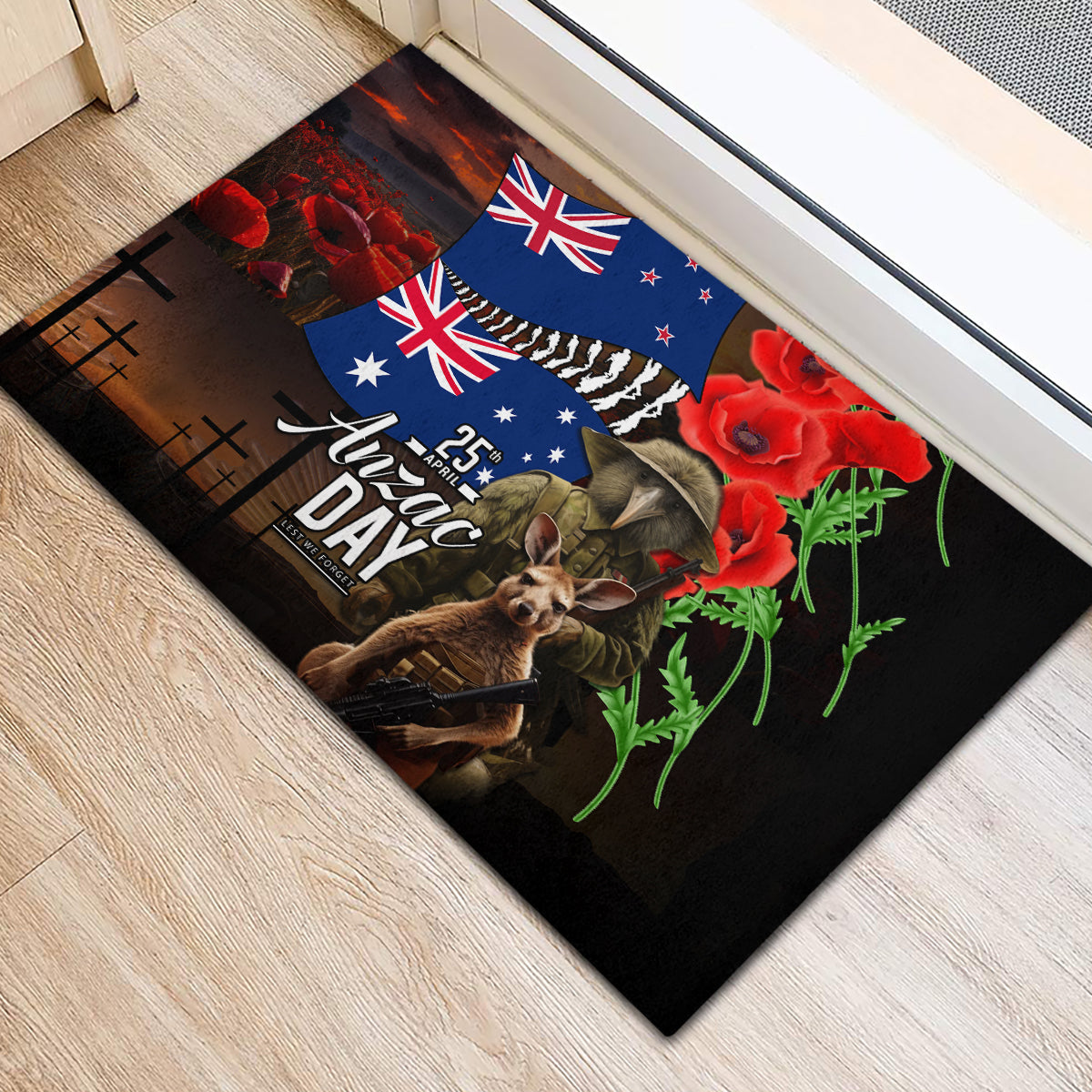 New Zealand and Australia ANZAC Day Rubber Doormat National Flag mix Kiwi Bird and Kangaroo Soldier Style LT03 - Polynesian Pride