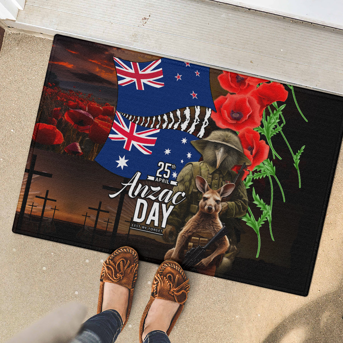 New Zealand and Australia ANZAC Day Rubber Doormat National Flag mix Kiwi Bird and Kangaroo Soldier Style LT03 - Polynesian Pride