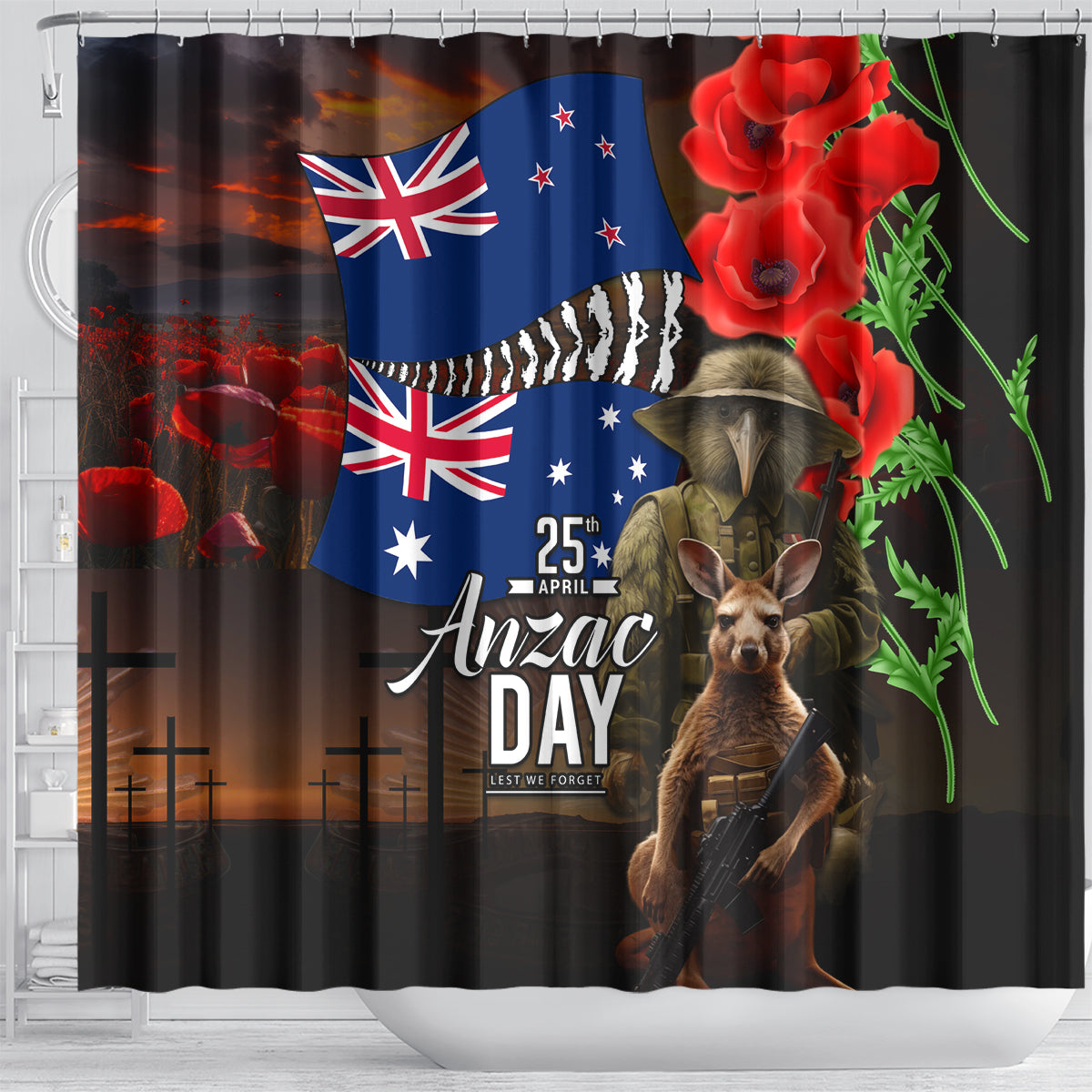 New Zealand and Australia ANZAC Day Shower Curtain National Flag mix Kiwi Bird and Kangaroo Soldier Style LT03 - Polynesian Pride