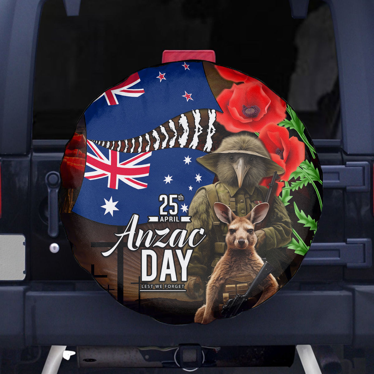 New Zealand and Australia ANZAC Day Spare Tire Cover National Flag mix Kiwi Bird and Kangaroo Soldier Style LT03 - Polynesian Pride