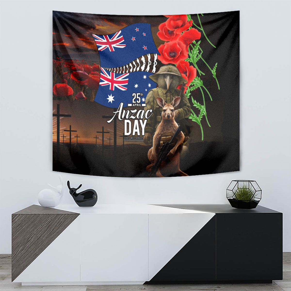 New Zealand and Australia ANZAC Day Tapestry National Flag mix Kiwi Bird and Kangaroo Soldier Style LT03 - Polynesian Pride