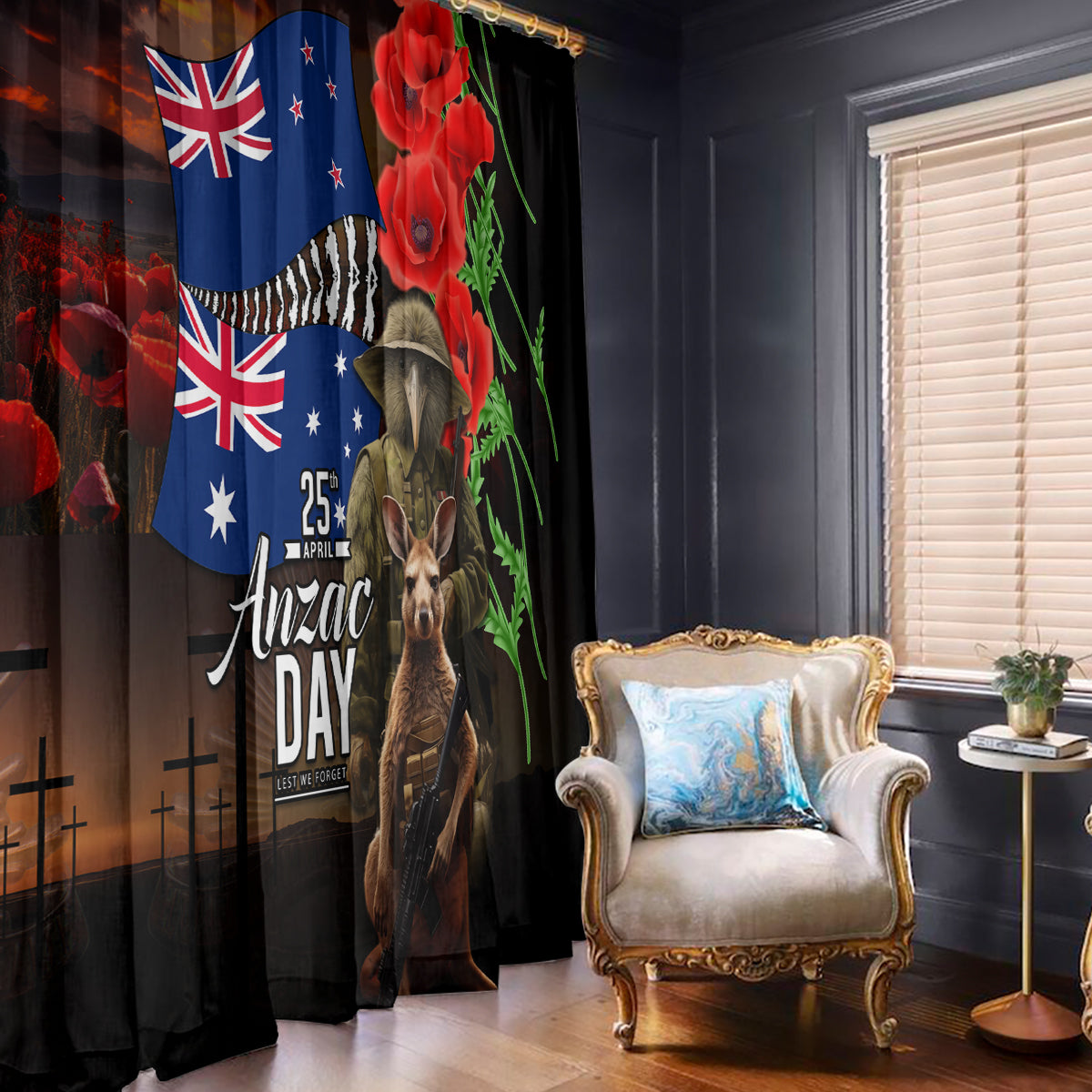 New Zealand and Australia ANZAC Day Window Curtain National Flag mix Kiwi Bird and Kangaroo Soldier Style LT03 - Polynesian Pride