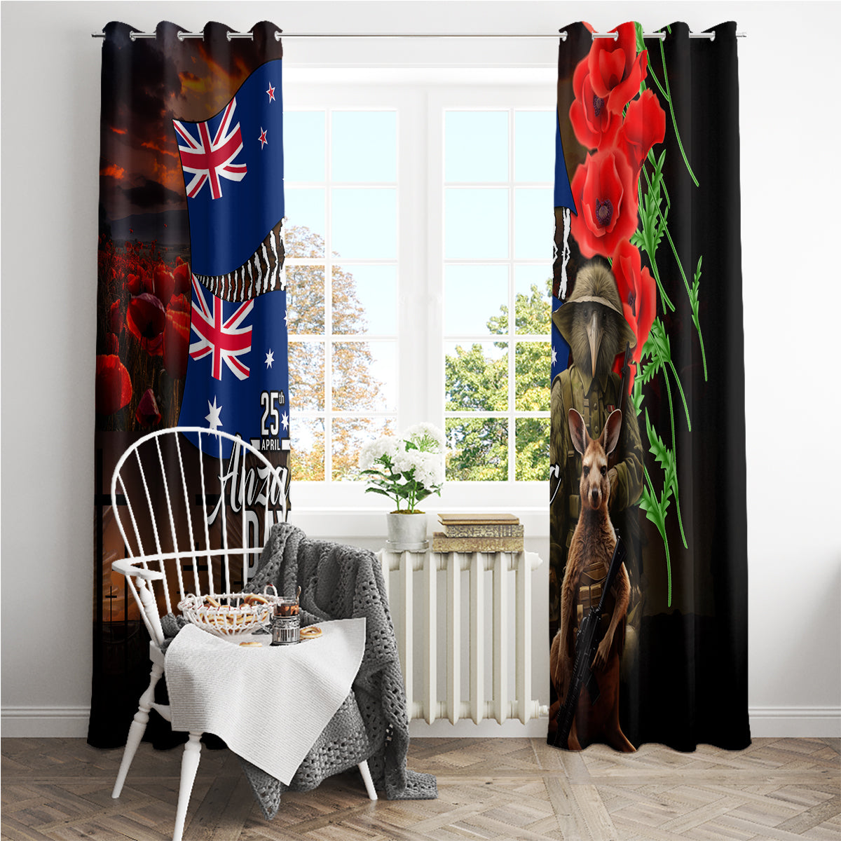 New Zealand and Australia ANZAC Day Window Curtain National Flag mix Kiwi Bird and Kangaroo Soldier Style LT03 - Polynesian Pride