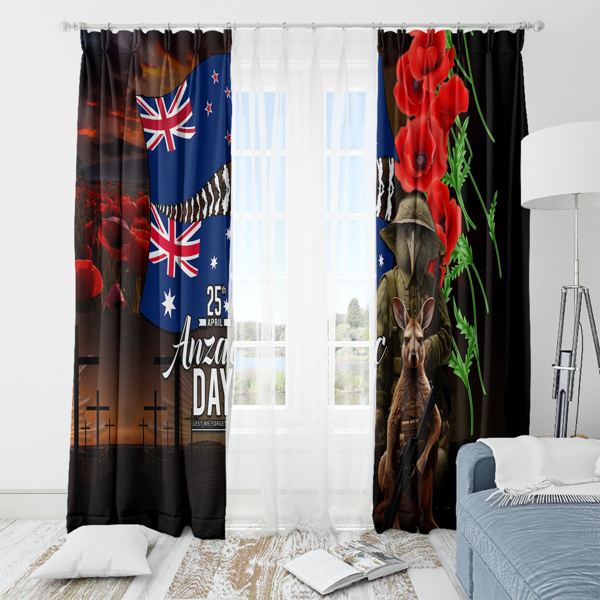 New Zealand and Australia ANZAC Day Window Curtain National Flag mix Kiwi Bird and Kangaroo Soldier Style LT03 - Polynesian Pride
