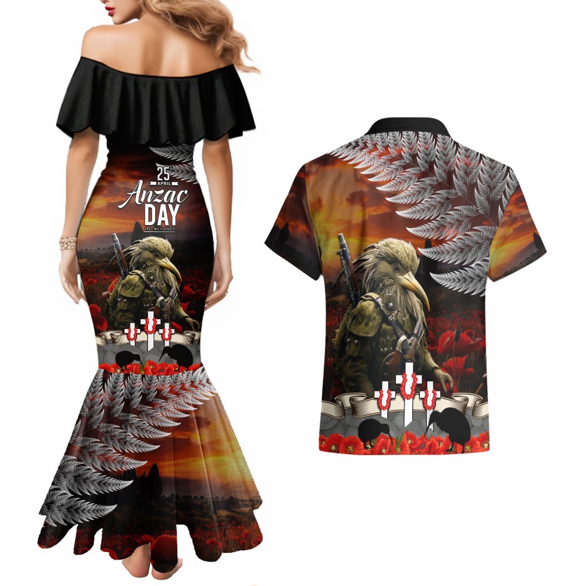 New Zealand ANZAC Day Couples Matching Mermaid Dress and Hawaiian Shirt The Ode of Remembrance and Silver Fern LT03 - Polynesian Pride