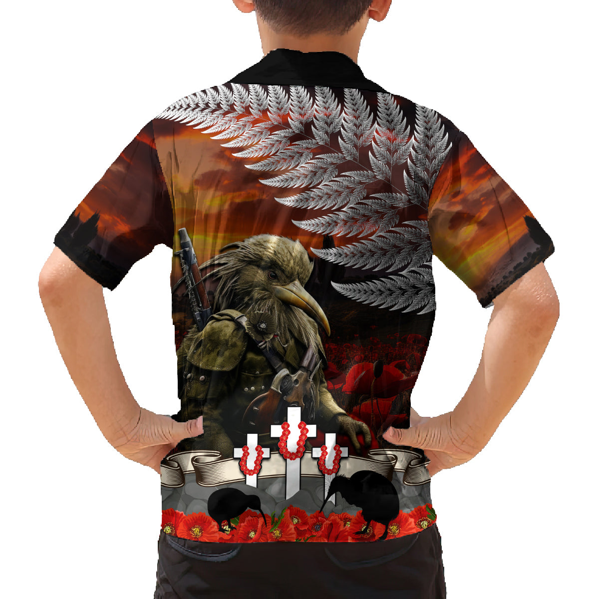 New Zealand ANZAC Day Family Matching Off Shoulder Maxi Dress and Hawaiian Shirt The Ode of Remembrance and Silver Fern LT03 - Polynesian Pride