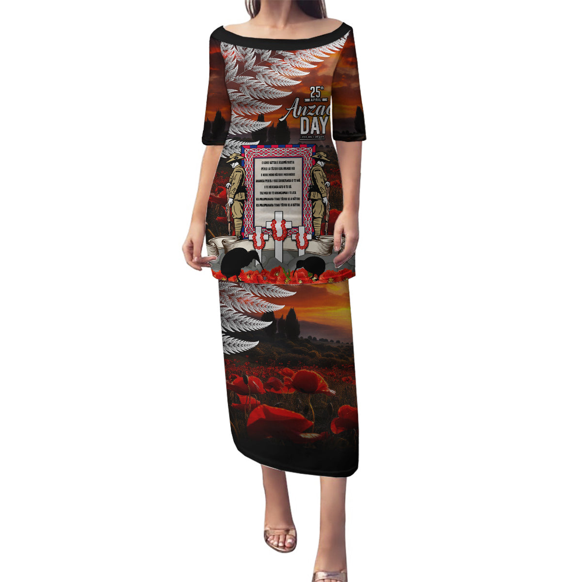 New Zealand ANZAC Day Family Matching Puletasi and Hawaiian Shirt The Ode of Remembrance and Silver Fern LT03 Mom's Dress Black - Polynesian Pride