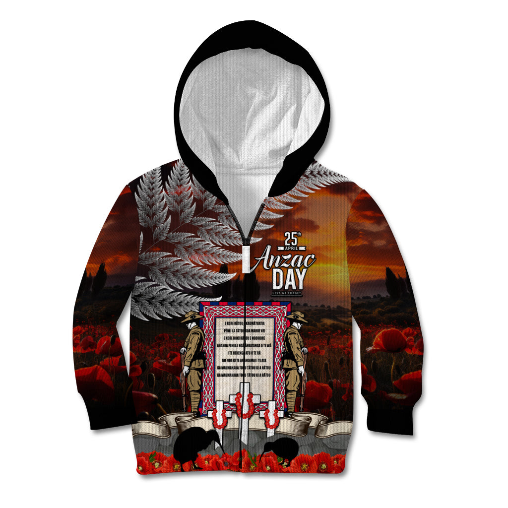 New Zealand ANZAC Day Kid Hoodie The Ode of Remembrance and Silver Fern LT03 Zip Hoodie Black - Polynesian Pride