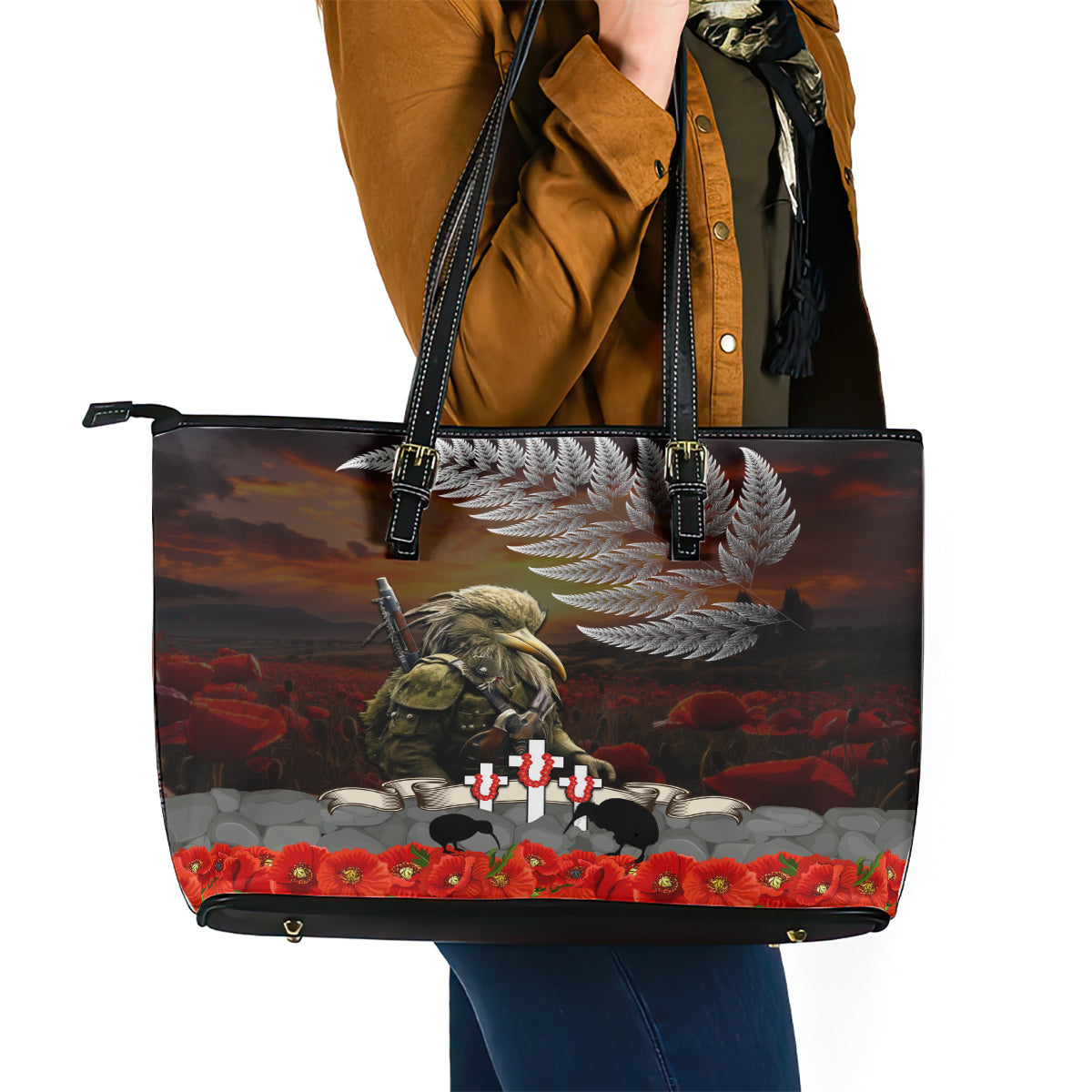 New Zealand ANZAC Day Leather Tote Bag The Ode of Remembrance and Silver Fern LT03 - Polynesian Pride