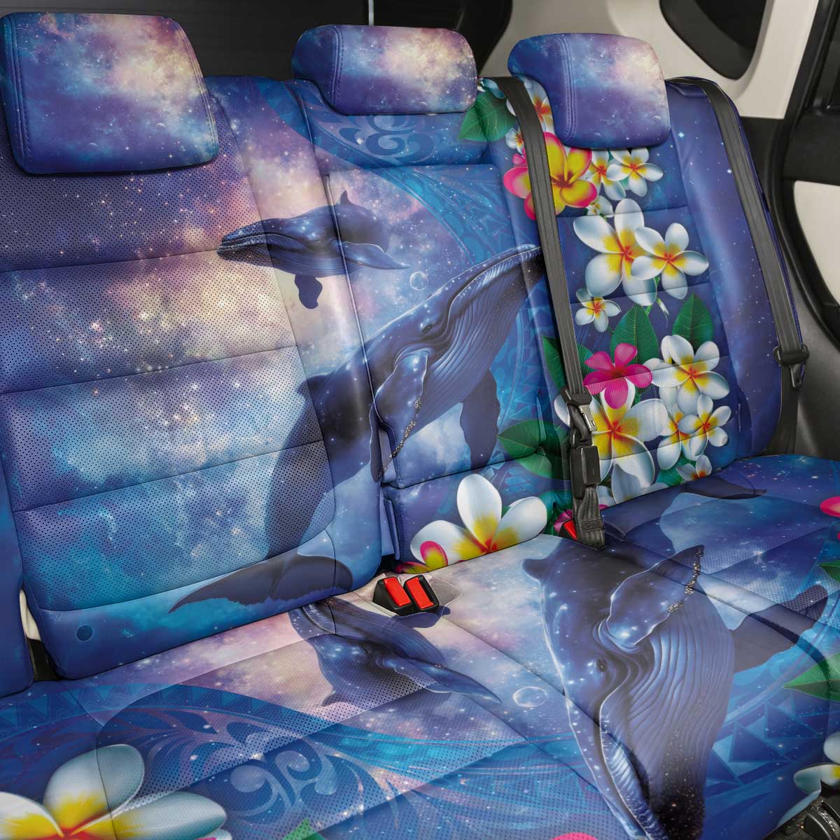 Hawaiian Lei Day Plumeria Humpback Whales Back Car Seat Cover Polynesian Art Vibrant Starry Nebula Style LT03 - Polynesian Pride